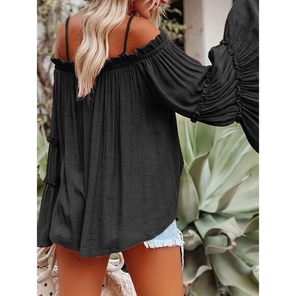 Ruched Spaghetti Strap Blouse Cold Shoulder Blouse Black Size 14 - Picture 8 of 10